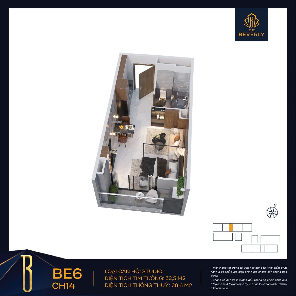 Căn hộ Studio: Đây là dòng sản phẩm dành cho những người trẻ độc thân hoặc giới đầu tư. Diện tích của loại hình này dao động linh hoạt từ 30m2 đến 39m2.