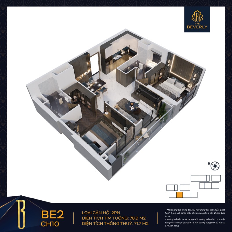 Căn hộ 2PN: Loại hình phù hợp cho các gia đình cơ bản với cấu trúc 2 phòng ngủ và 2 nhà vệ sinh. Diện tích sử dụng thực tế rộng từ 67m2 đến 80m2.