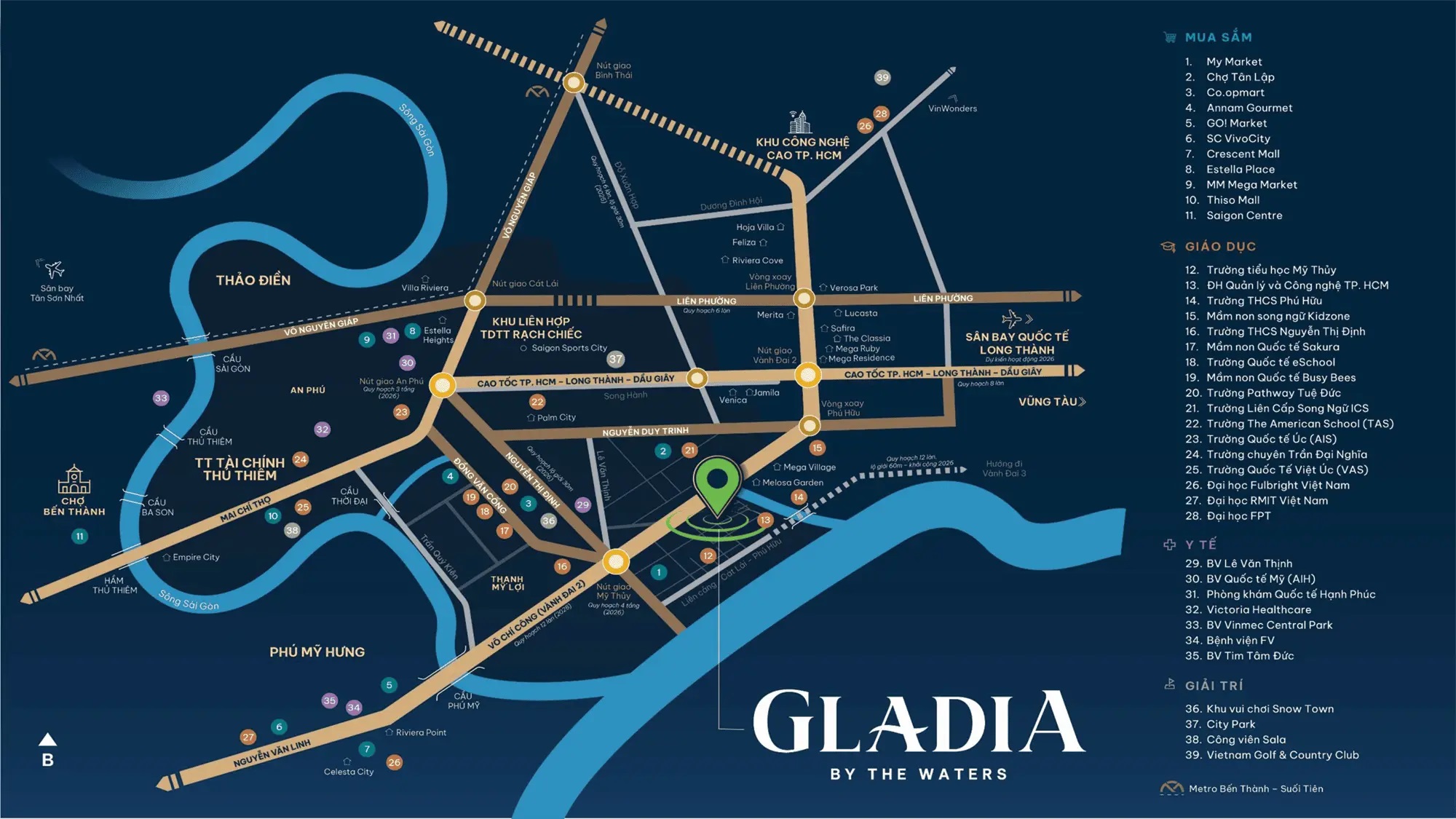 Vị trí đắc địa Gladia by the Waters kết nối tiện ích cao cấp trung tâm thương mại, trường học quốc tế, sân bay Long Thành