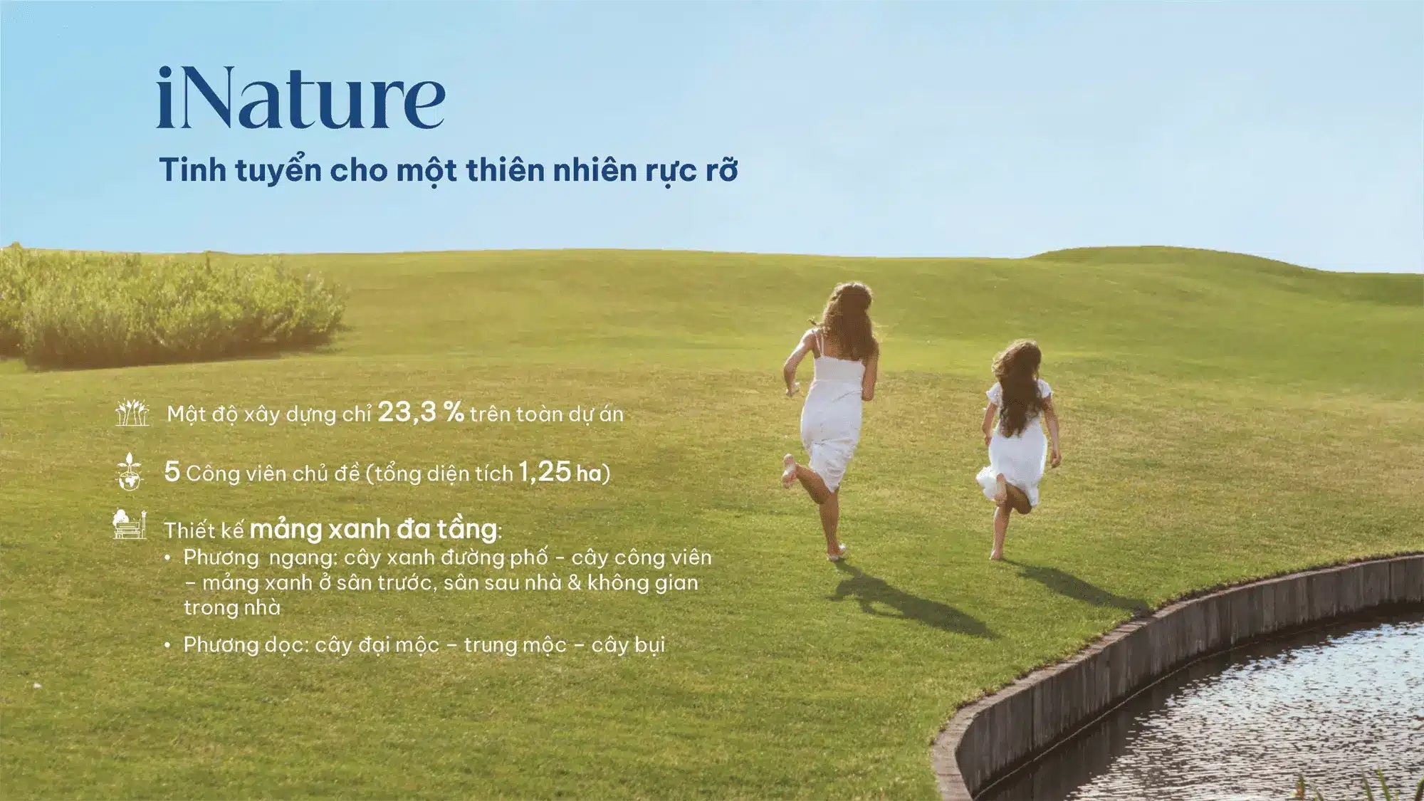 iNature – Thiên nhiên rực rỡ với mật độ xây dựng 23.3%, 5 công viên 1.25ha, thiết kế mảng xanh đa tầng.