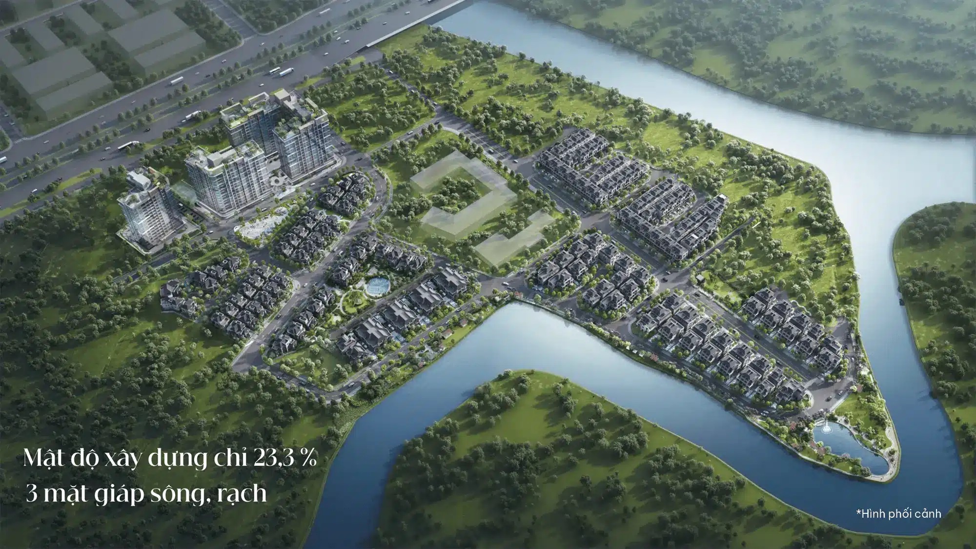 Phối cảnh tổng thể Gladia mật độ xây dựng thấp 23.3%, 3 mặt giáp sông rạch, không gian xanh thoáng đãng
