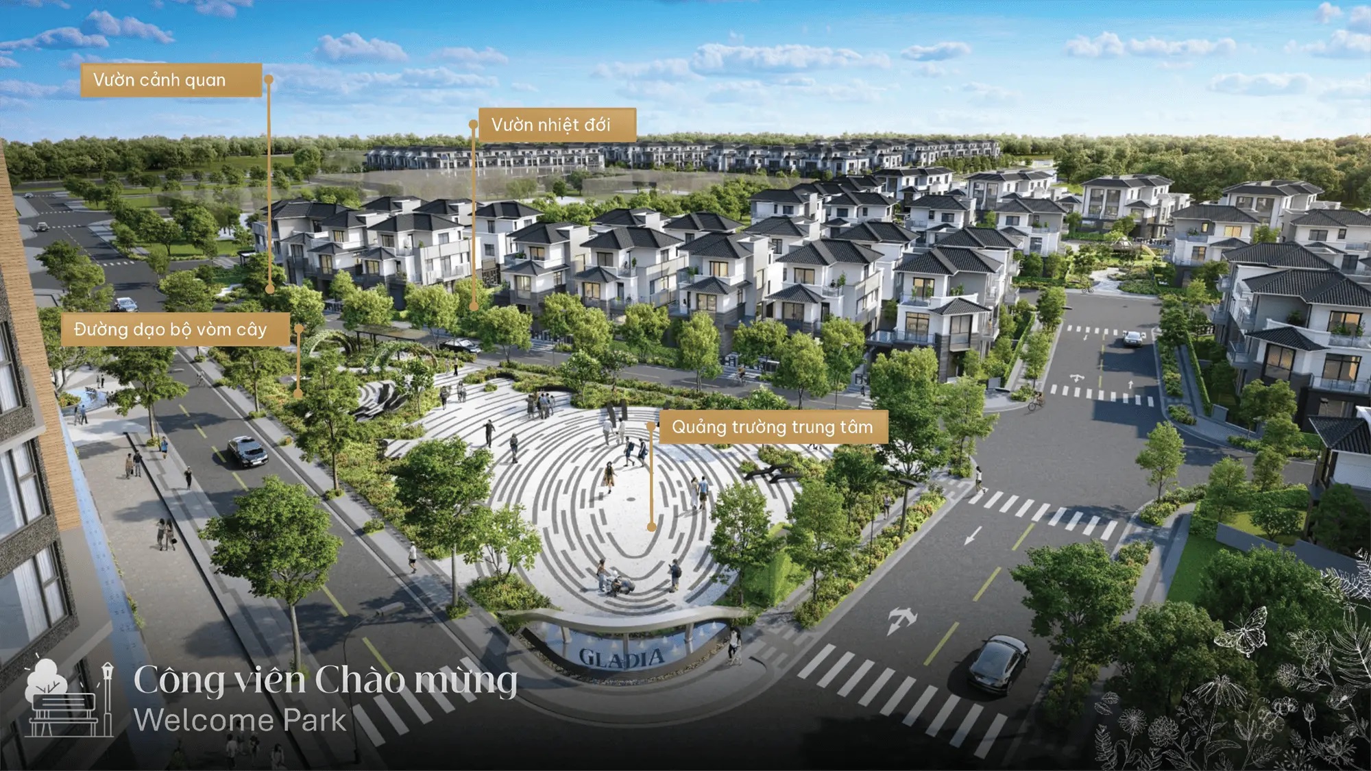 Công viên Chào mừng với vườn cảnh quan, đường dạo bộ vòm cây, vườn nhiệt đới và quảng trường trung tâm
