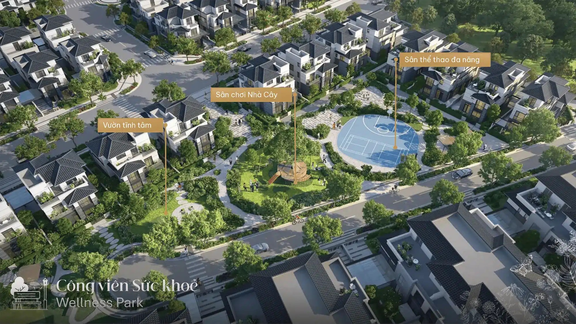 Công viên Sức Khỏe Wellness Park vườn tĩnh tâm, sân chơi nhà cây sáng tạo, sân thể thao đa năng hiện đại