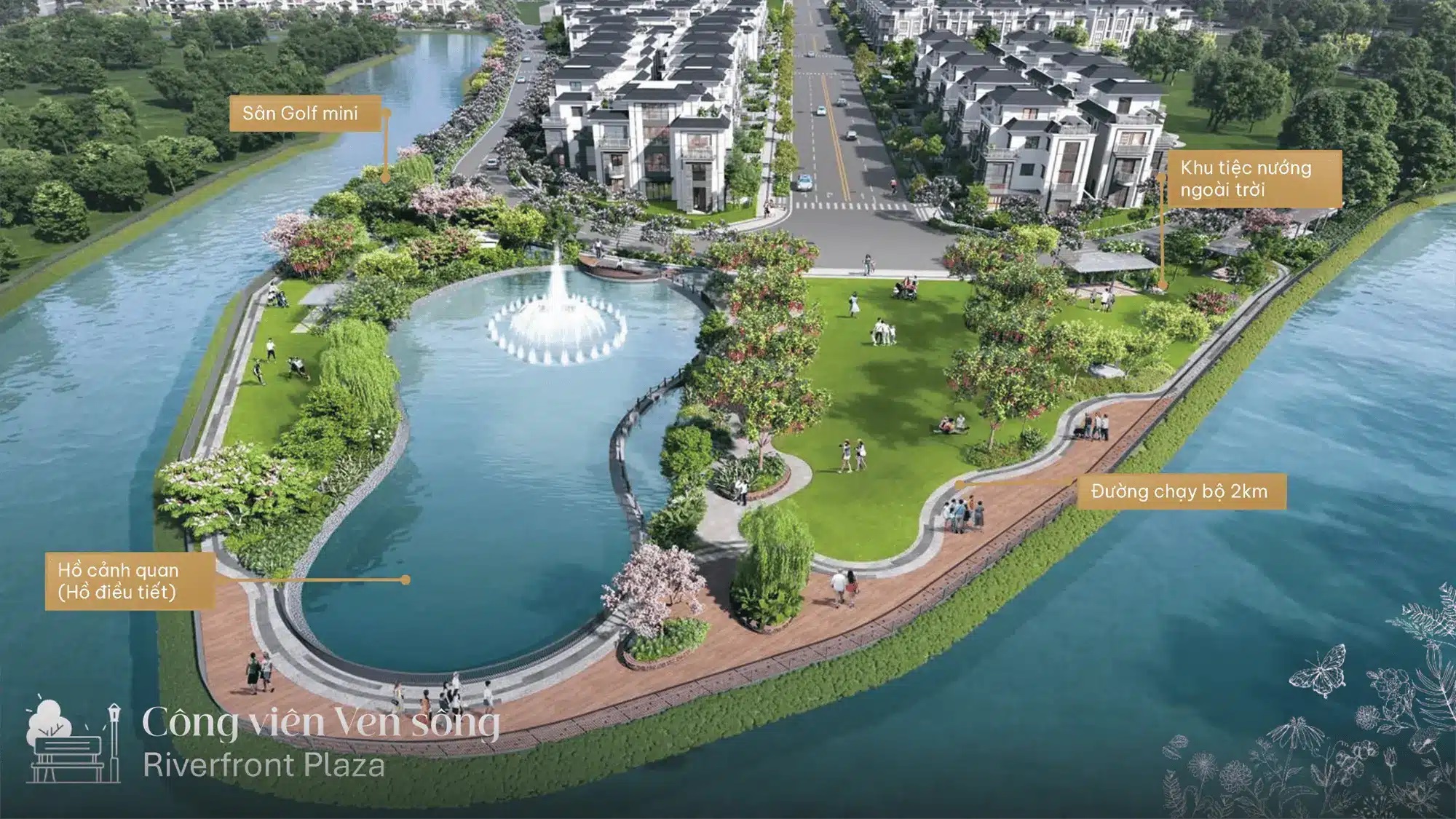 Công viên Ven sông Riverfront Plaza sân golf mini, hồ cảnh quan, đường chạy bộ 2km, khu tiệc nướng ngoài trời