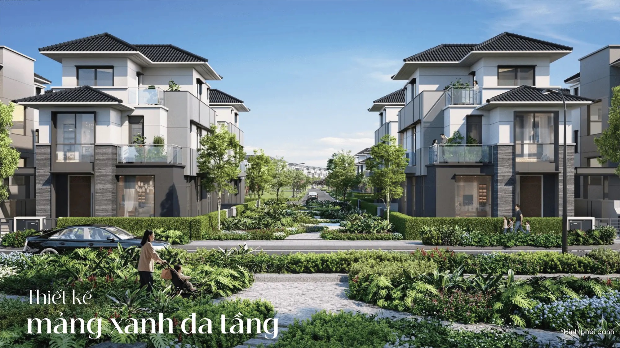Thiết kế mảng xanh đa tầng từ cây đại mộc đến cây bụi, tạo không gian sống trong lành