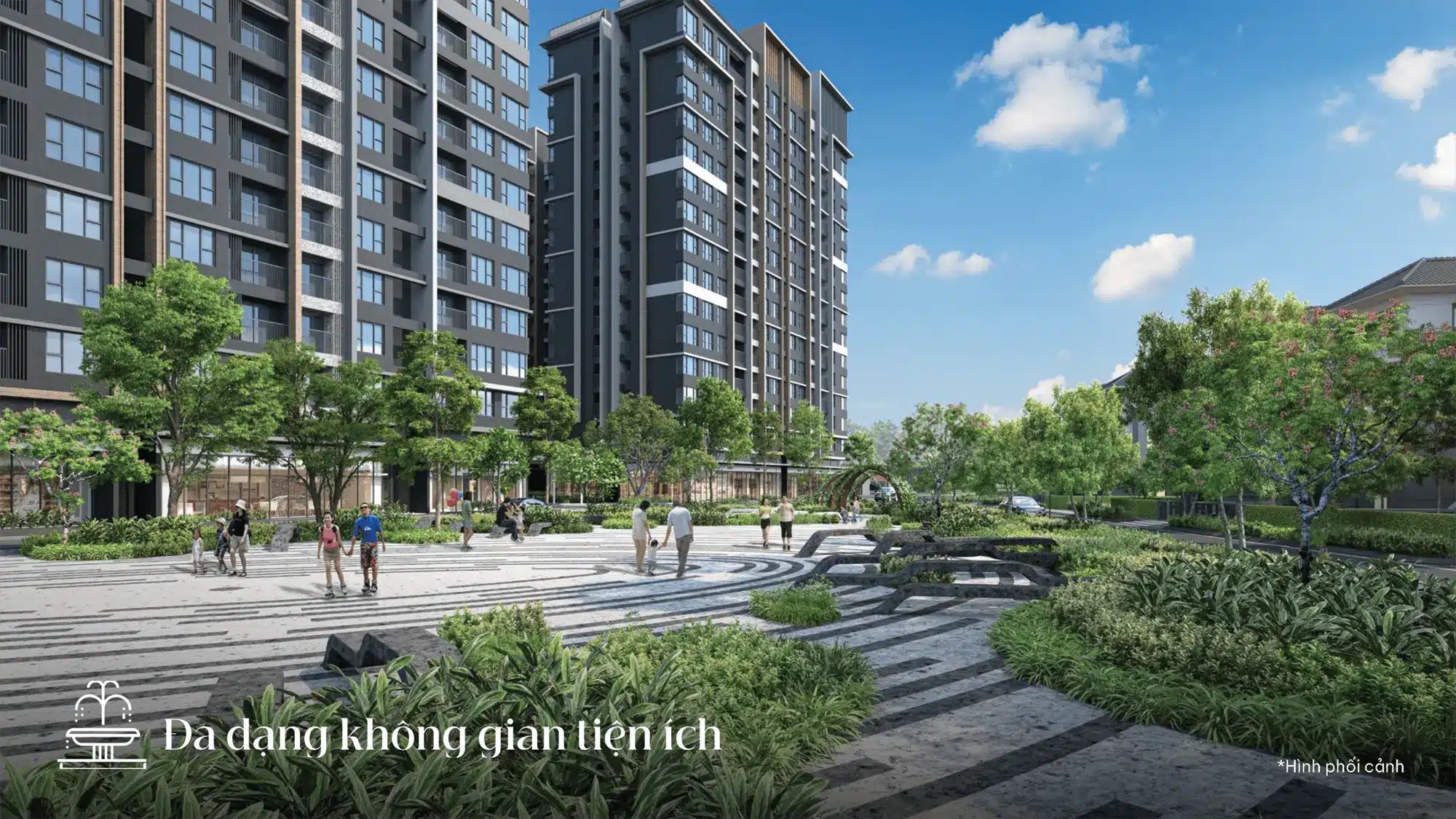 Đa dạng không gian tiện ích ngoài trời quảng trường trung tâm, không gian giải trí, đài phun nước hiện đại