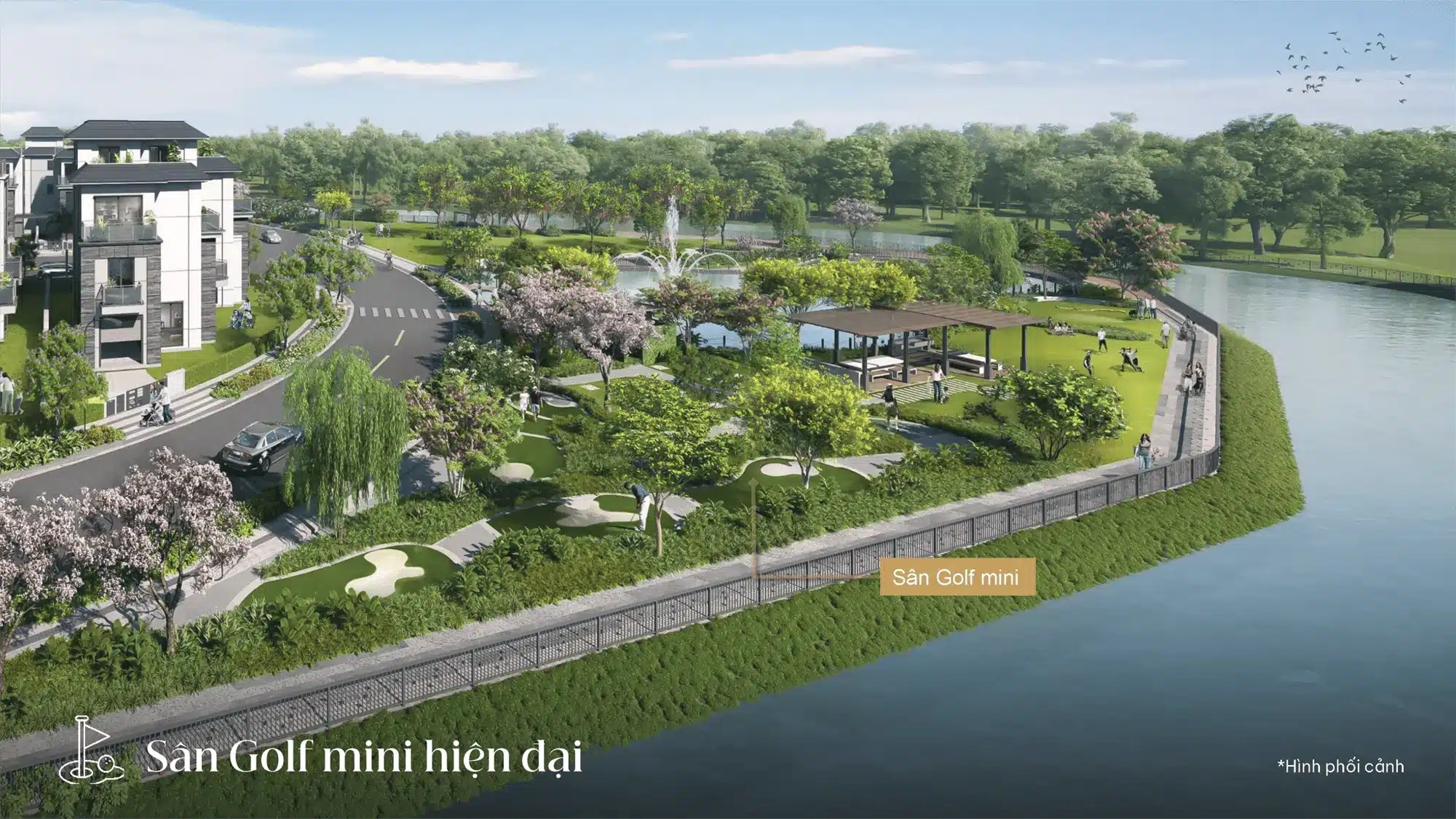 Sân golf mini hiện đại giữa không gian xanh mát ven sông, mang đến trải nghiệm thư thái độc đáo