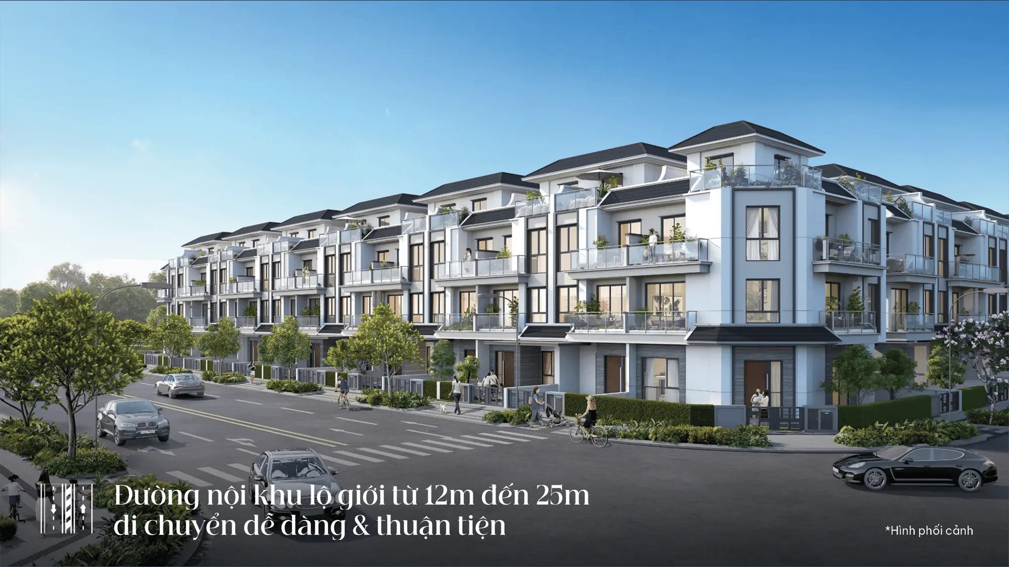 Đường nội khu lộ giới từ 12m đến 25m thuận tiện di chuyển với thiết kế hiện đại