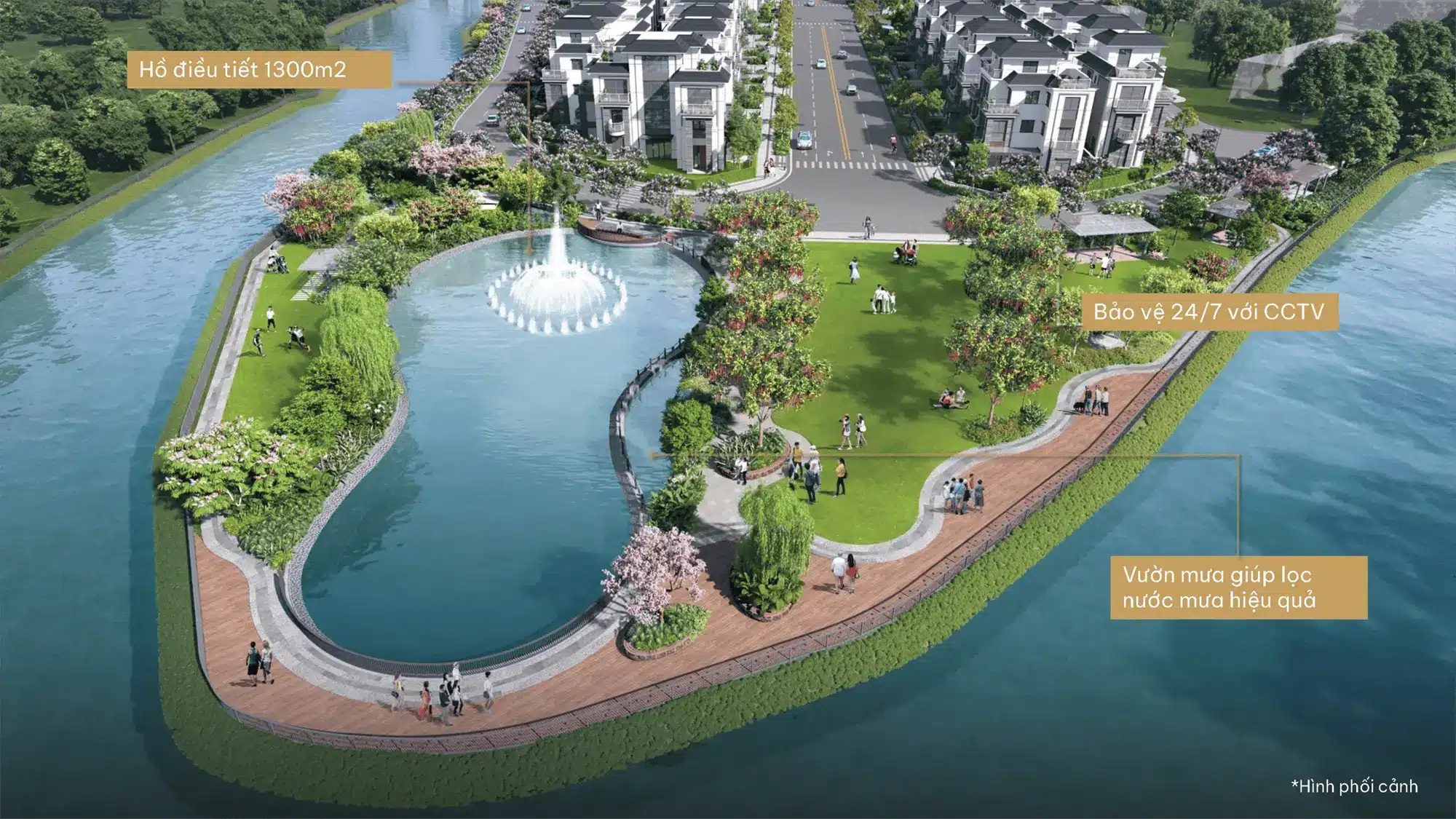 Hồ điều tiết 1300m2, vườn mưa lọc nước và hệ thống CCTV 247 bảo vệ môi trường xanh