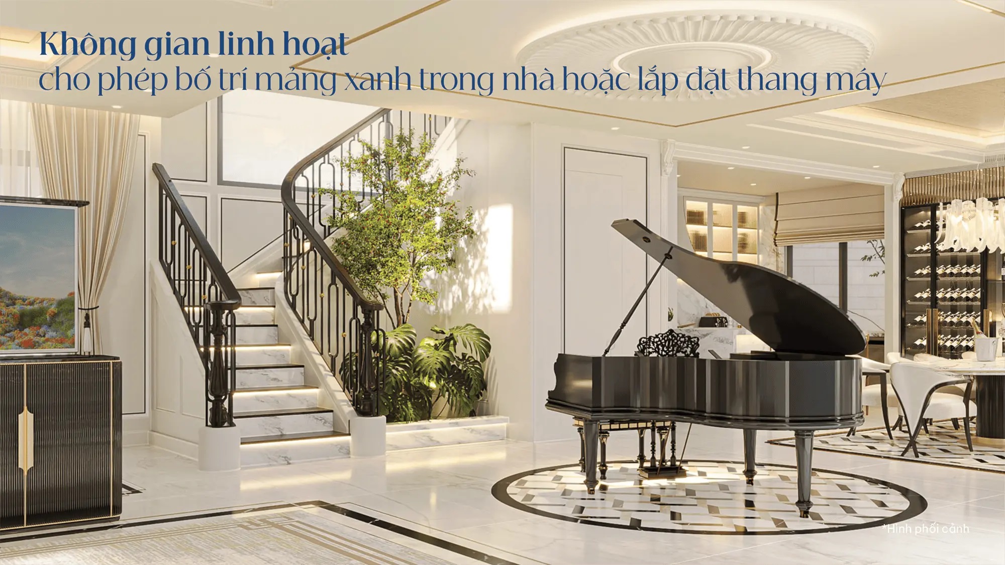 Thiết kế linh hoạt cho phép tùy chỉnh không gian theo nhu cầu – từ khu vườn xanh đến thang máy tiện nghi