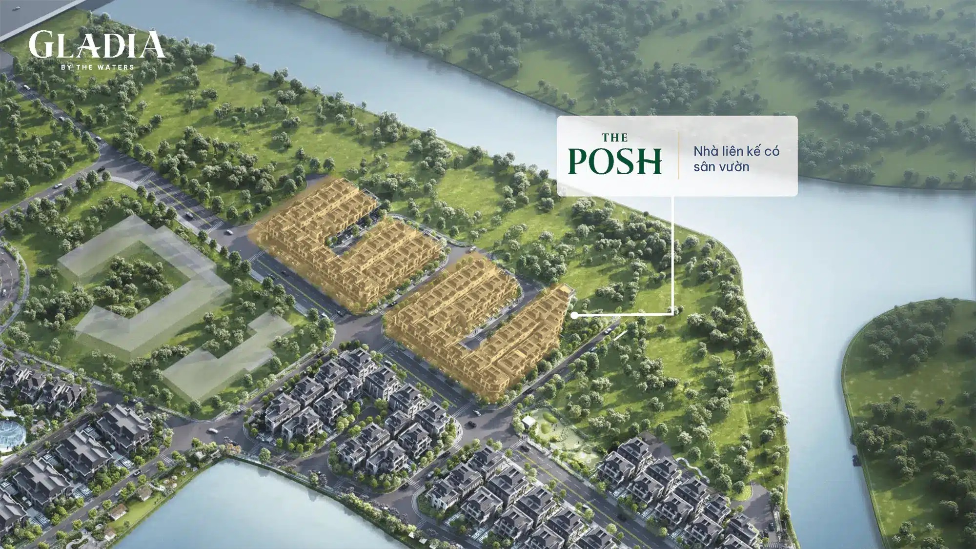 Phối cảnh tổng thể phân khu The Posh với nhà liền kế sân vườn bên dòng sông thơ mộng