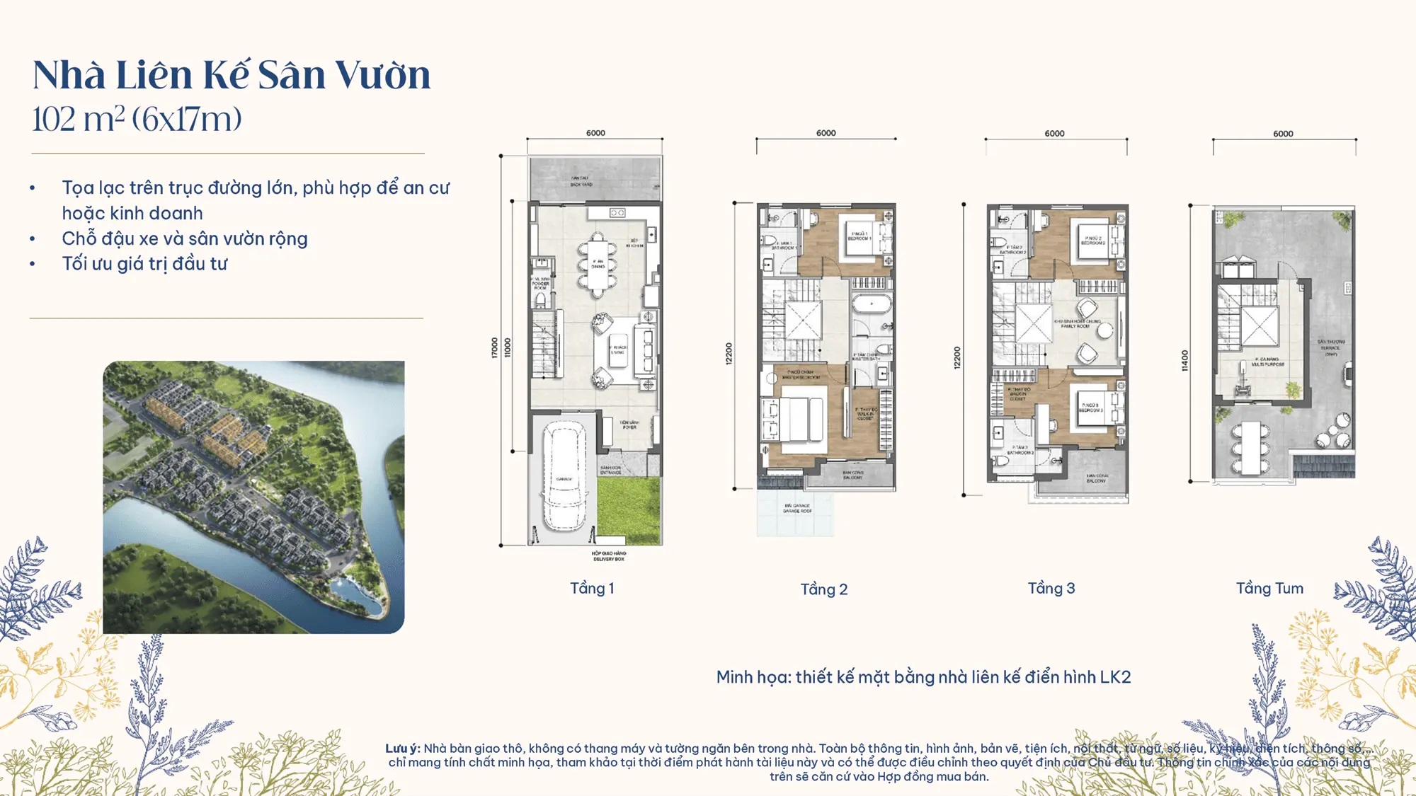 Layout thiết kế Nhà Liên Kế Sân Vườn điển hình LK2, diện tích 102m2(6m x 17m), phân khu The Posh Gladia Khang Điền