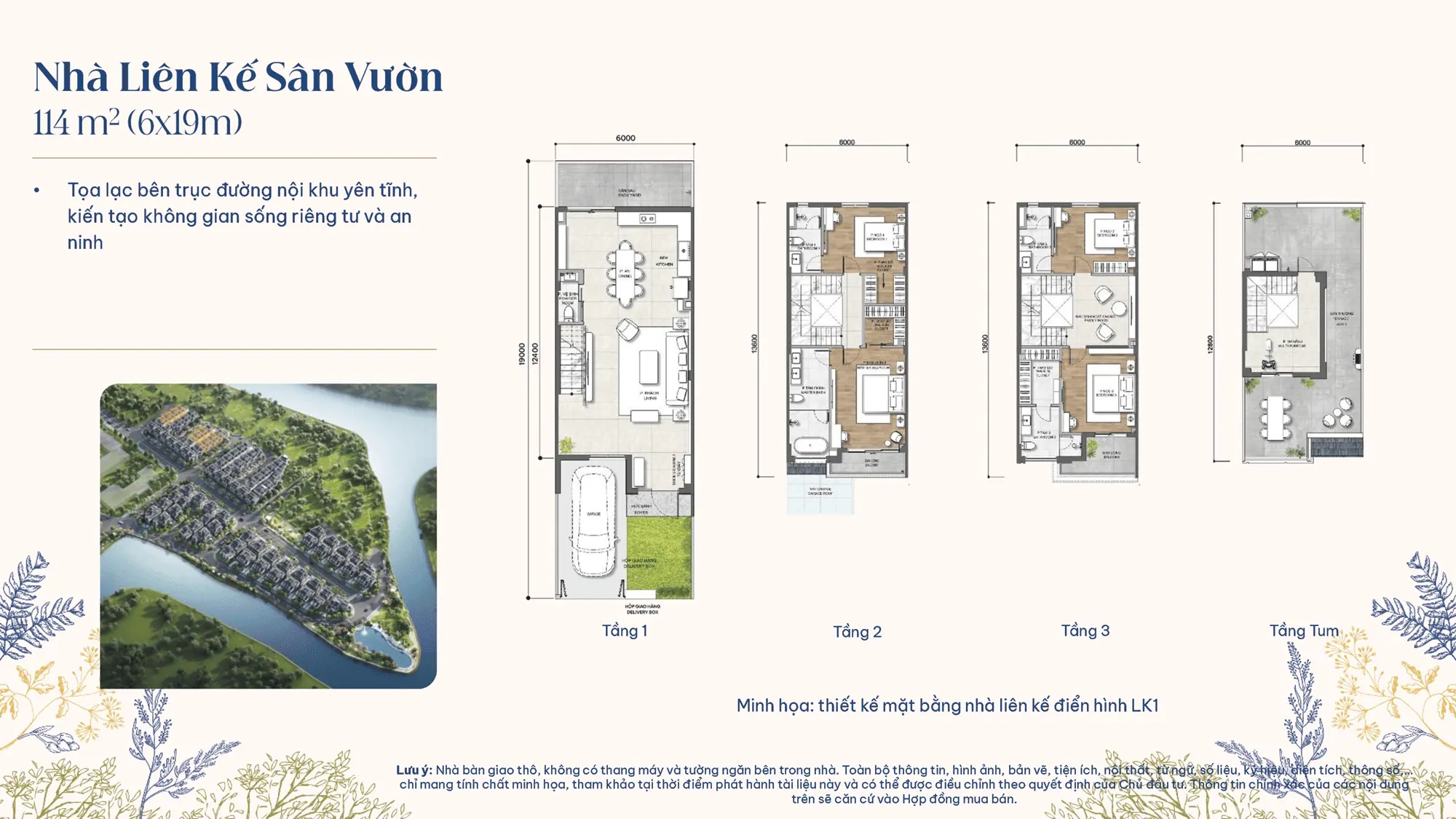 Layout thiết kế Nhà Liên Kế Sân Vườn điển hình LK1, diện tích 114m2(6m x 19m), phân khu The Posh Gladia Khang Điền