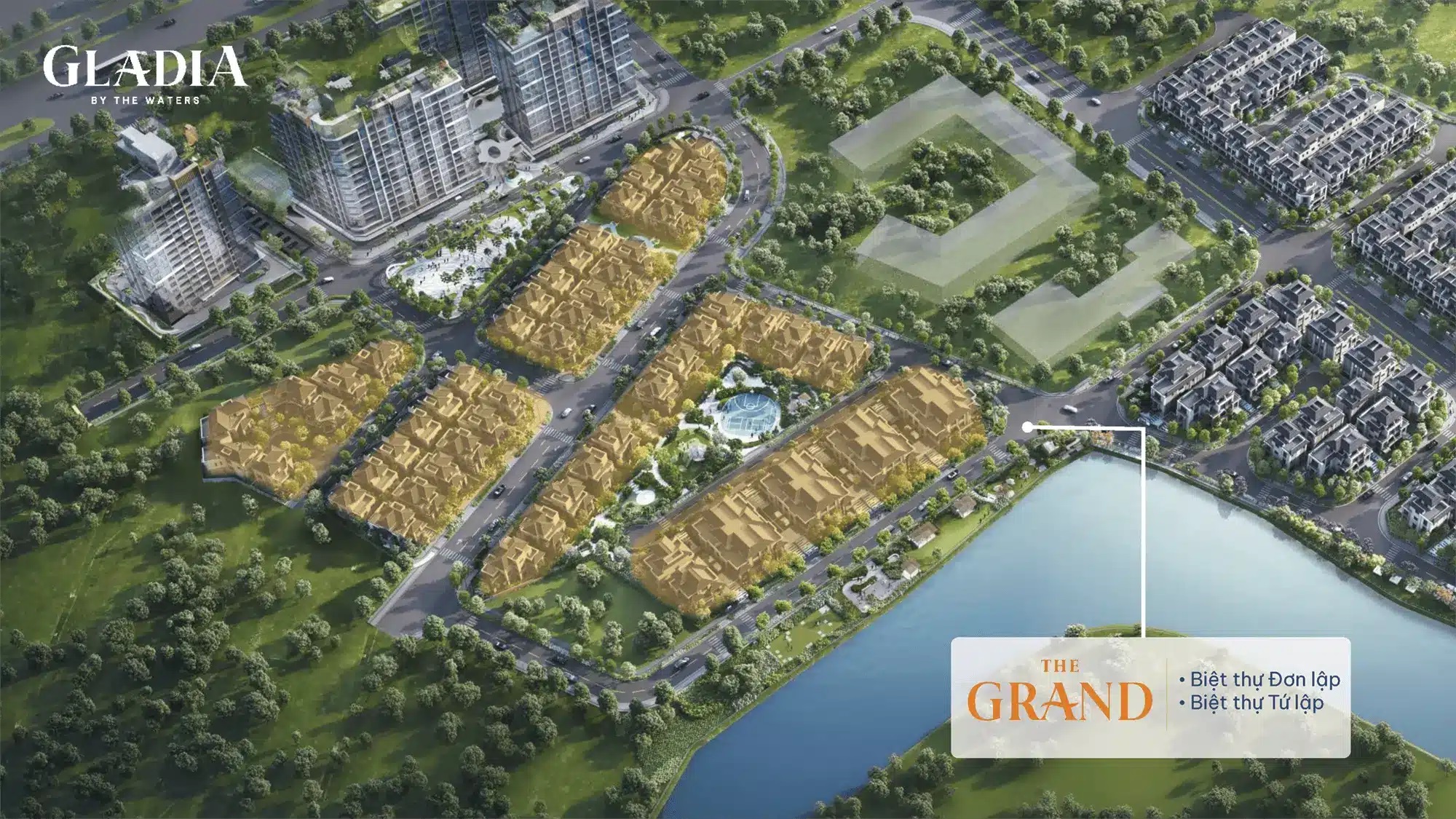 Phối cảnh tổng thể phân khu The Grand với biệt thự đơn lập và tứ lập ven sông, thiết kế đẳng cấp