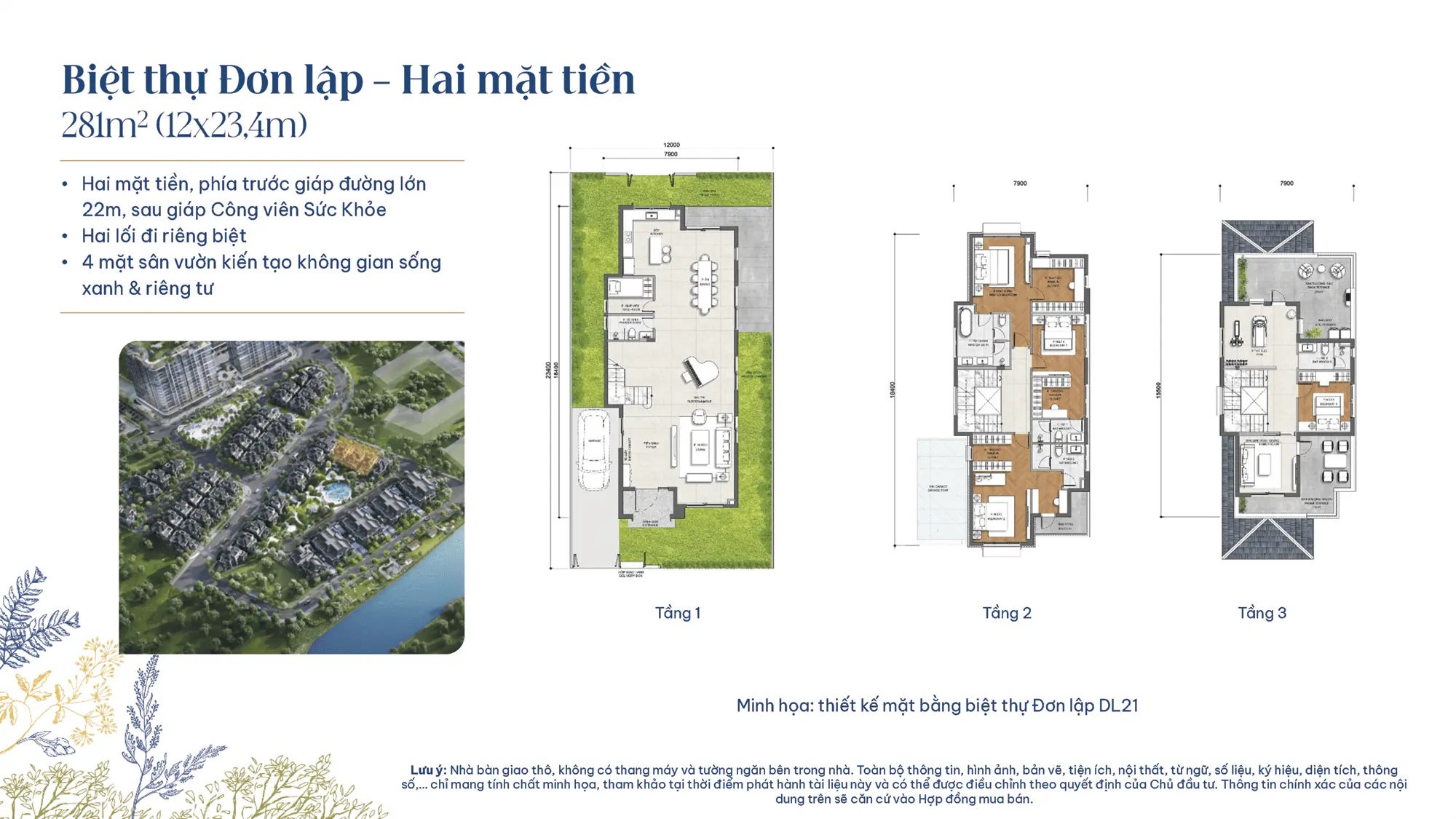 Layout thiết kế Biệt Thự Đơn Lập – Hai Mặt Tiền điển hình DL21, diện tích 281m2(12m x 23,4m), phân khu The Grand Gladia Khang Điền