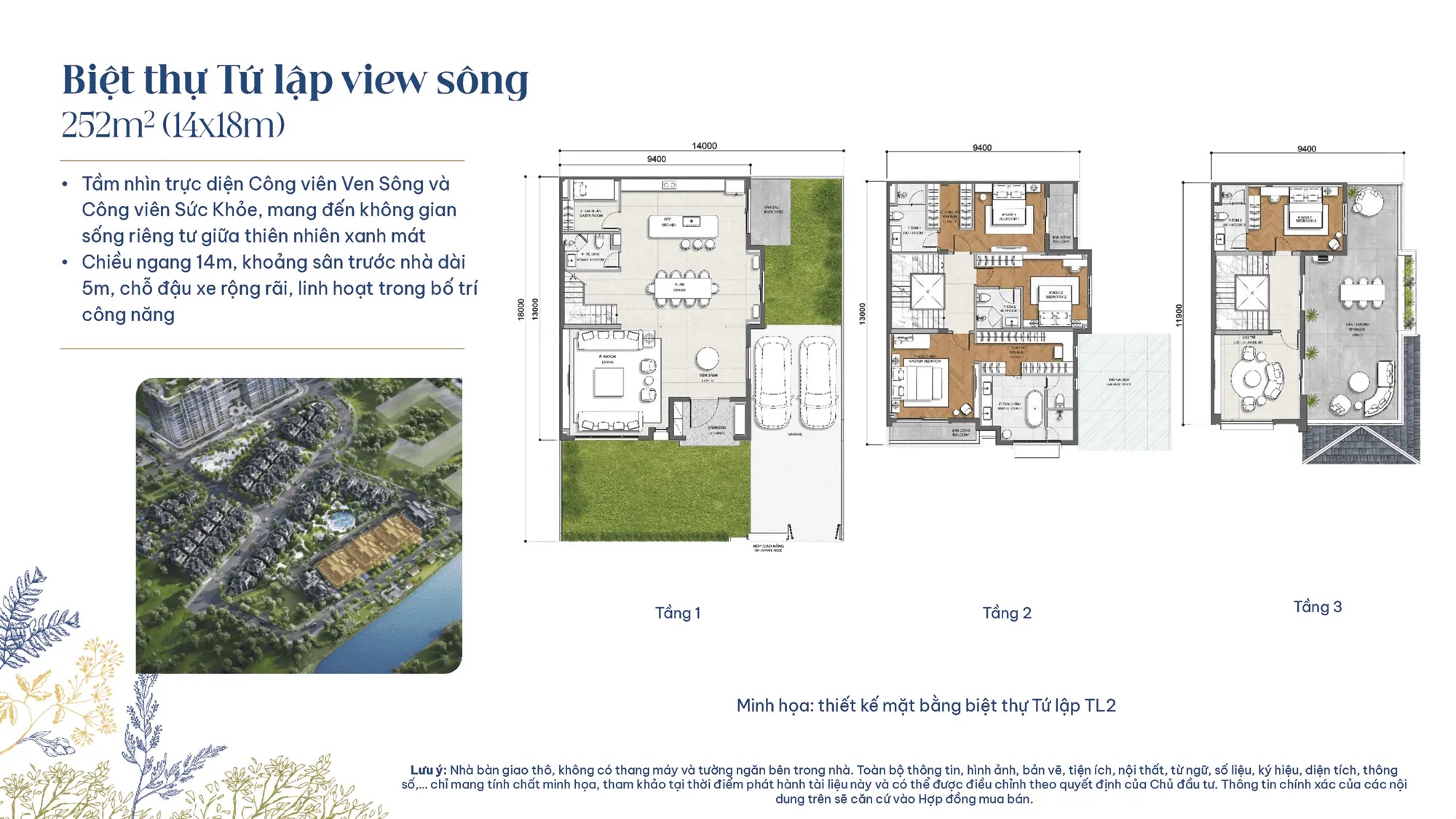 Layout thiết kế Biệt Thự Tứ Lập View Sông điển hình TL2, diện tích 252m2(14m x 18m), phân khu The Grand Gladia Khang Điền