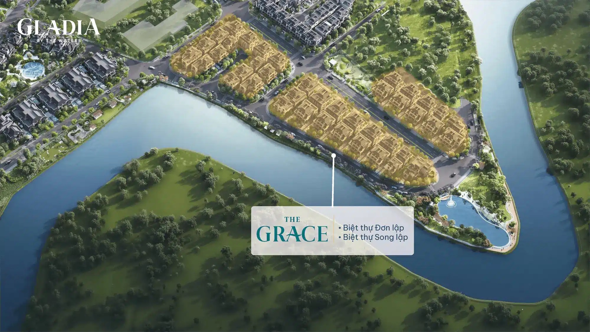 Phối cảnh tổng thể phân khu The Grace với biệt thự đơn lập và song lập ven sông, vị trí đắc địa