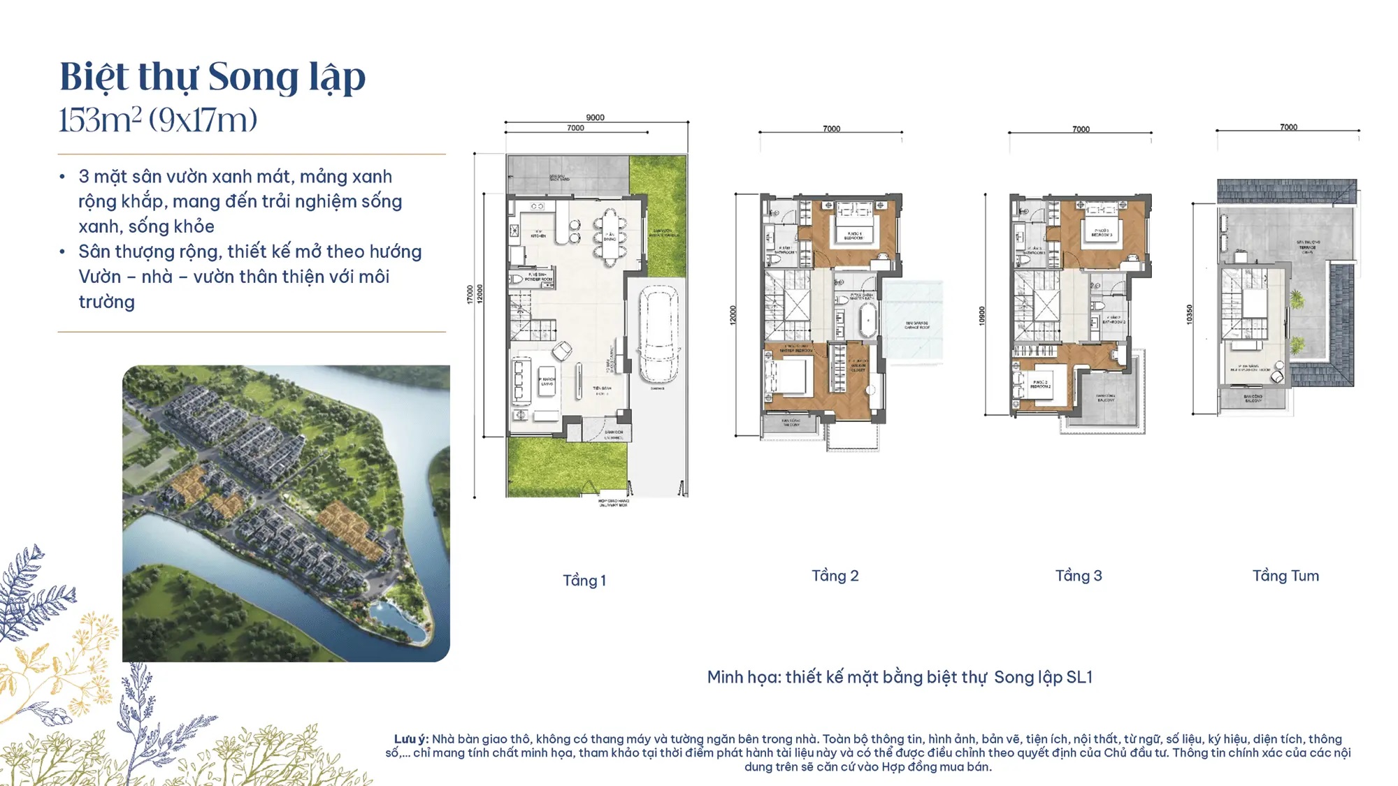 Layout thiết kế Biệt Thự Song Lập điển hình SL1, diện tích 153m2(9m x 17m), phân khu The Grace Gladia Khang Điền