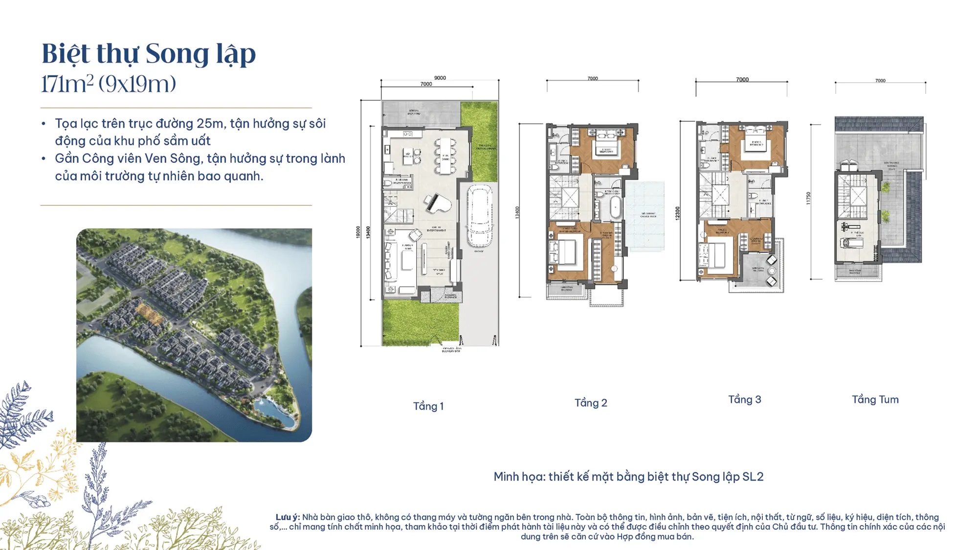 Layout thiết kế Biệt Thự Song Lập điển hình SL2, diện tích 171m2(9m x 19m), phân khu The Grace Gladia Khang Điền