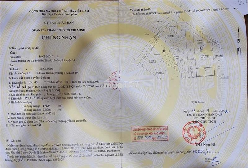 Nền biệt thự shr 171m2, p. hiệp thành q12, đường 16m thông, sát gò vấp